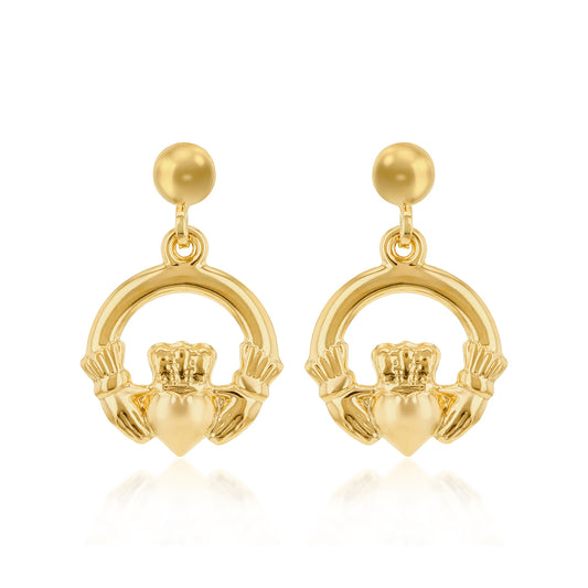 9ct Yellow Gold 19mm Claddagh Drop Hoop Earrings
