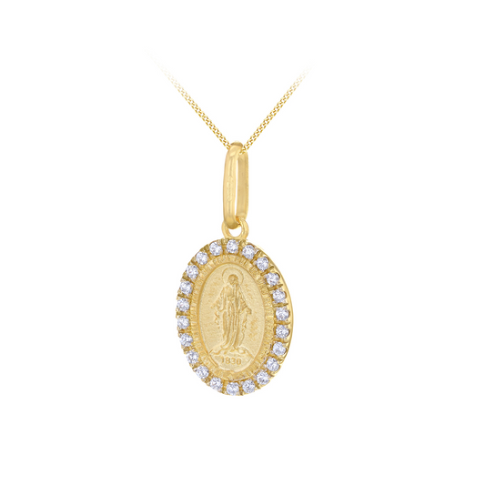 9ct Yellow Gold & CZ Miraculous Medal & Chain