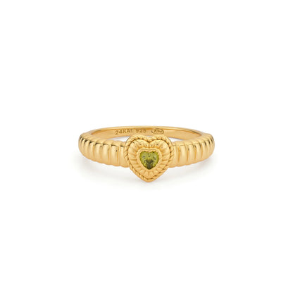 Sterling Silver Yellow Gold Plated Green Heart Ring - Size L