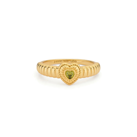 Sterling Silver Yellow Gold Plated Green Heart Ring - Size L