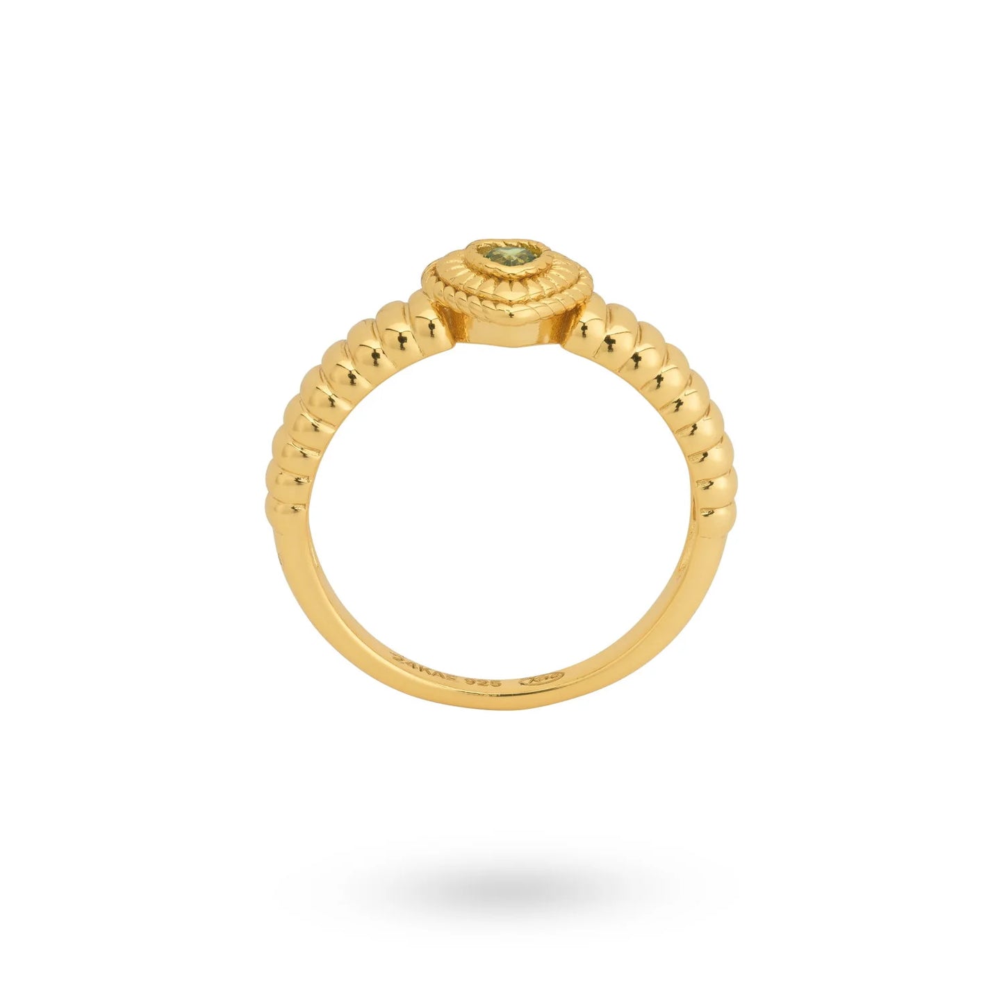 Sterling Silver Yellow Gold Plated Green Heart Ring - Size L