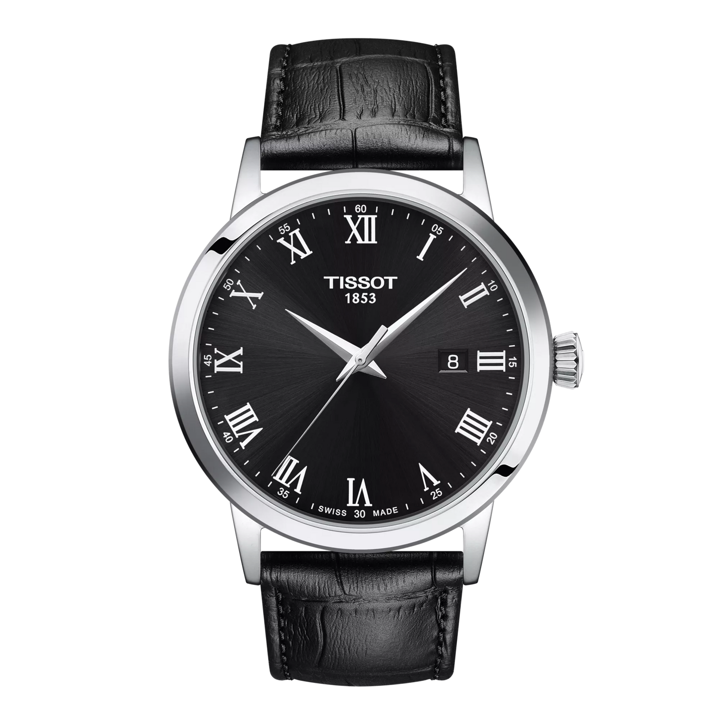 Tissot 42mm Silver Tone Classic Dream, Black & Date Dial, Gents Black Strap Watch