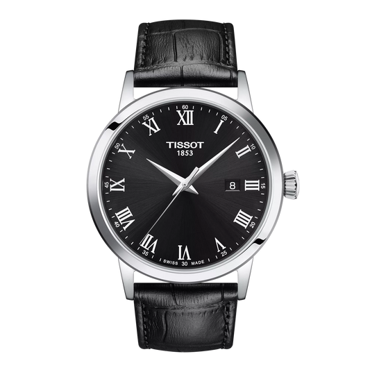 Tissot 42mm Silver Tone Classic Dream, Black & Date Dial, Gents Black Strap Watch