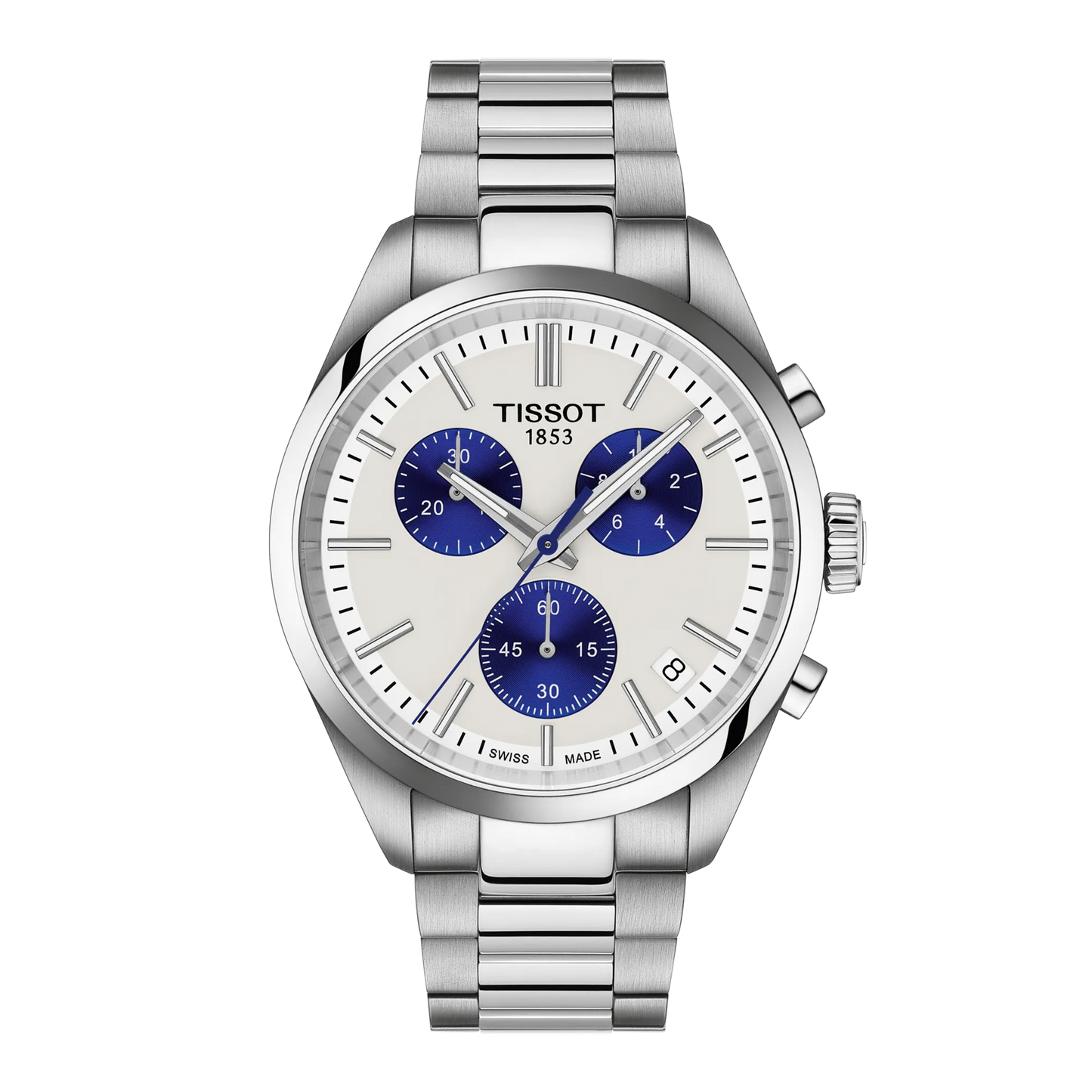 Tissot 40mm Silver Tone PR100, White & Blue Chronograph, Gents Bracelet Watch