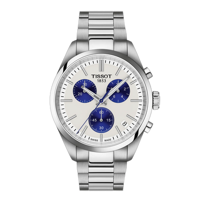 Tissot 40mm Silver Tone PR100, White & Blue Chronograph, Gents Bracelet Watch