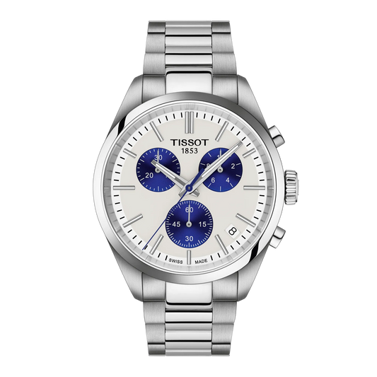 Tissot 40mm Silver Tone PR100, White & Blue Chronograph, Gents Bracelet Watch