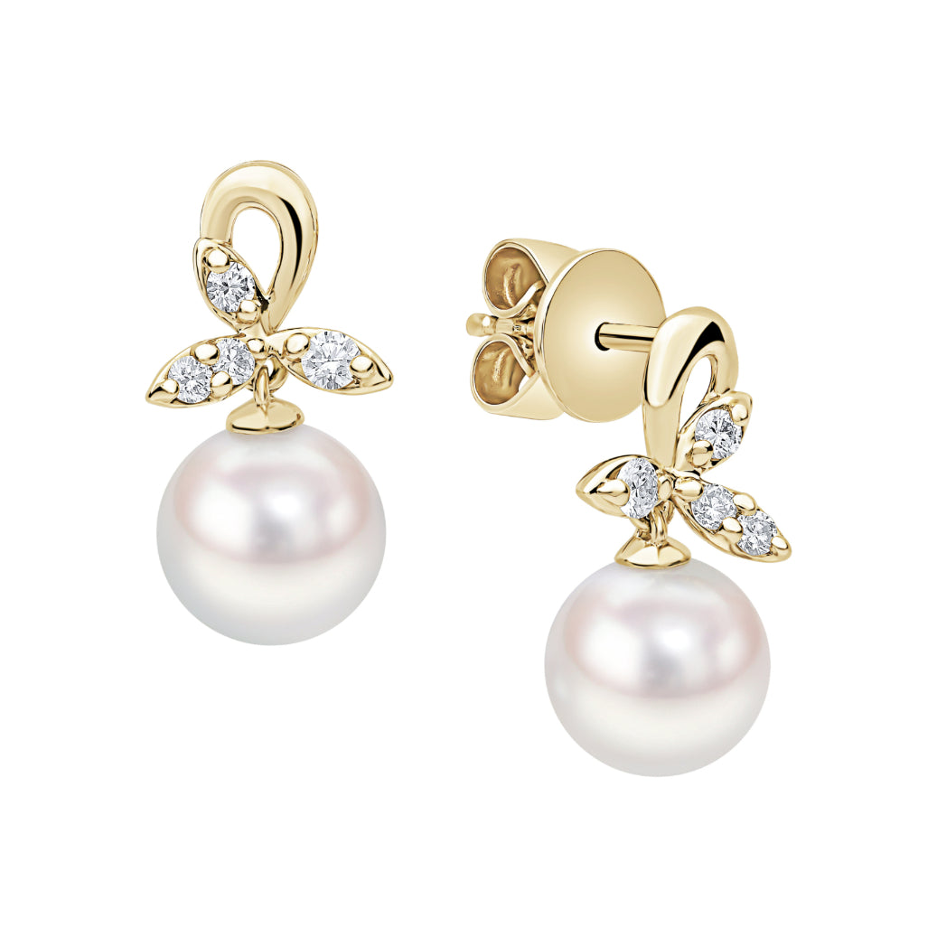 18ct Yellow Gold Akoya Pearl & Diamond Flower Stud Earrings, 0.13ct