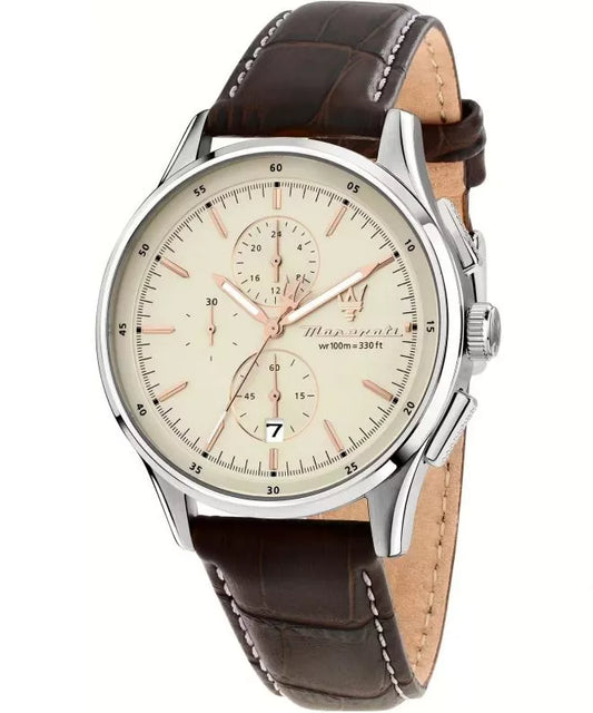 Maserati 42mm Sorpasso Beige Dial Chronograph Brown Strap Watch