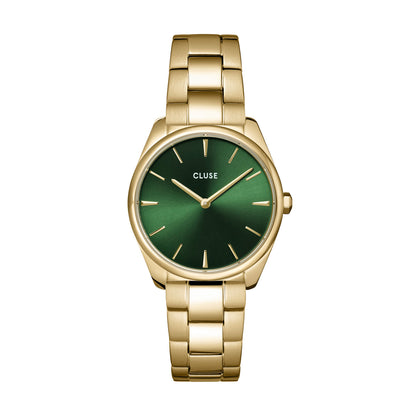 Cluse 31.5mm Féroce Green Dial Yellow Gold Link Watch