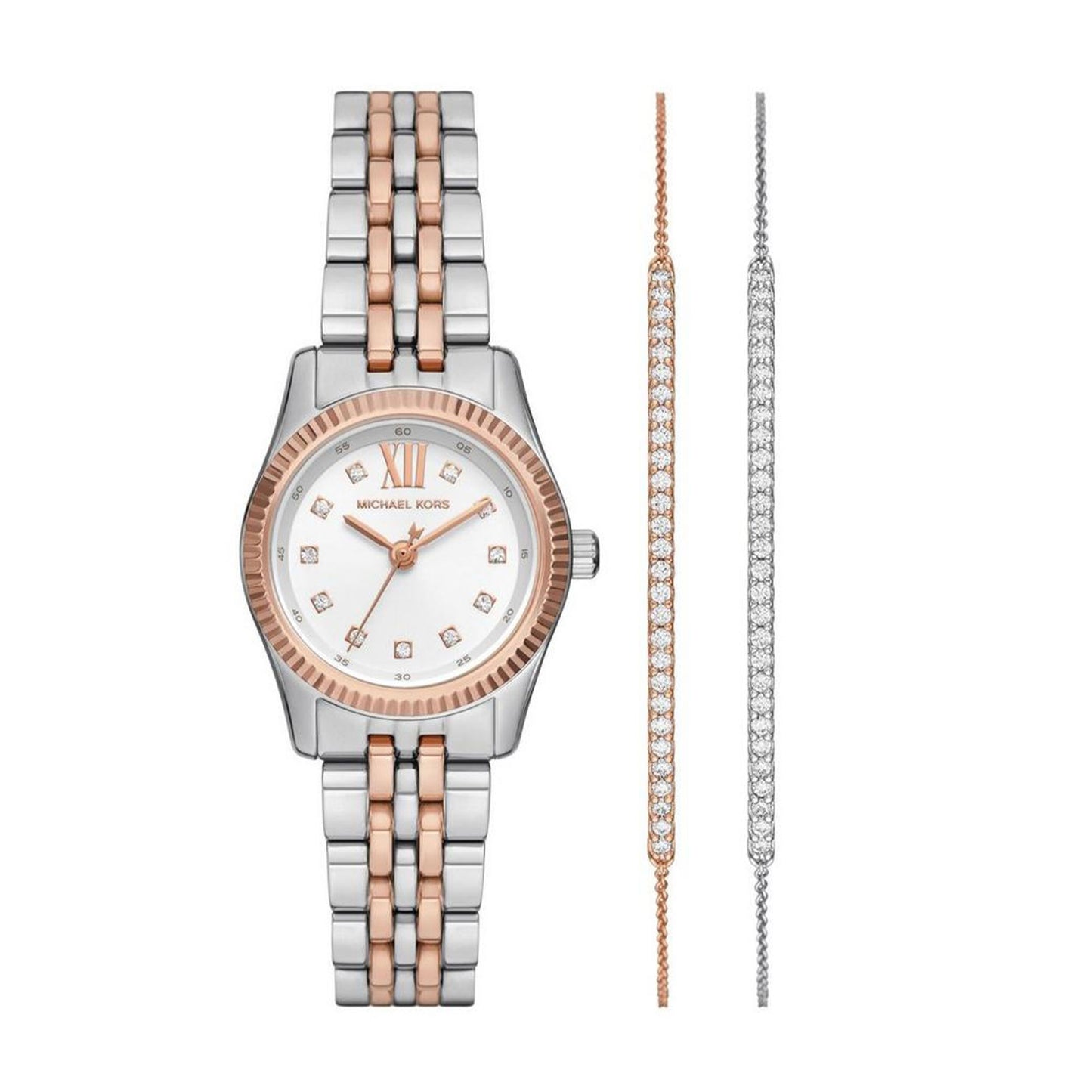 Michael Kors 26mm Ladies Lexington Pavé Rose Gold Tone Watch and Slider Bracelet Gift Set