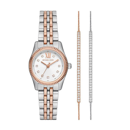 Michael Kors 26mm Ladies Lexington Pavé Rose Gold Tone Watch and Slider Bracelet Gift Set