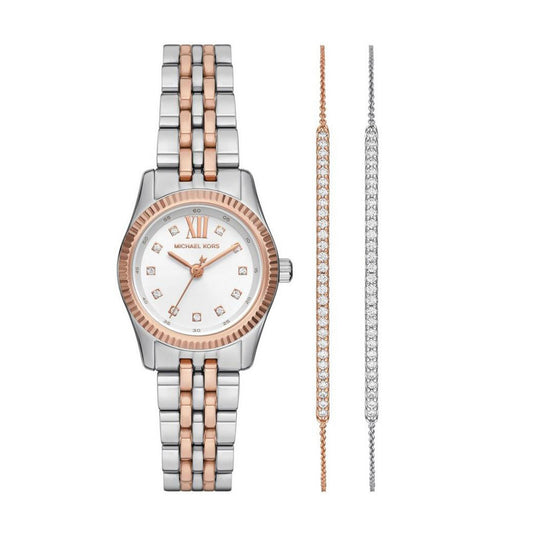 Michael Kors 26mm Ladies Lexington Pavé Rose Gold Tone Watch and Slider Bracelet Gift Set