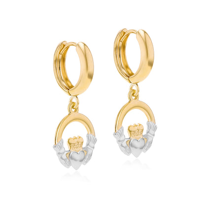 9ct Gold Two Tone Claddagh Drop Hoop Earrings