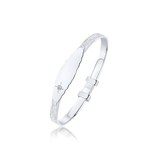 Sterling Silver Floral 4mm Beaded Edge ID Plate & White CZ Baby Bangle