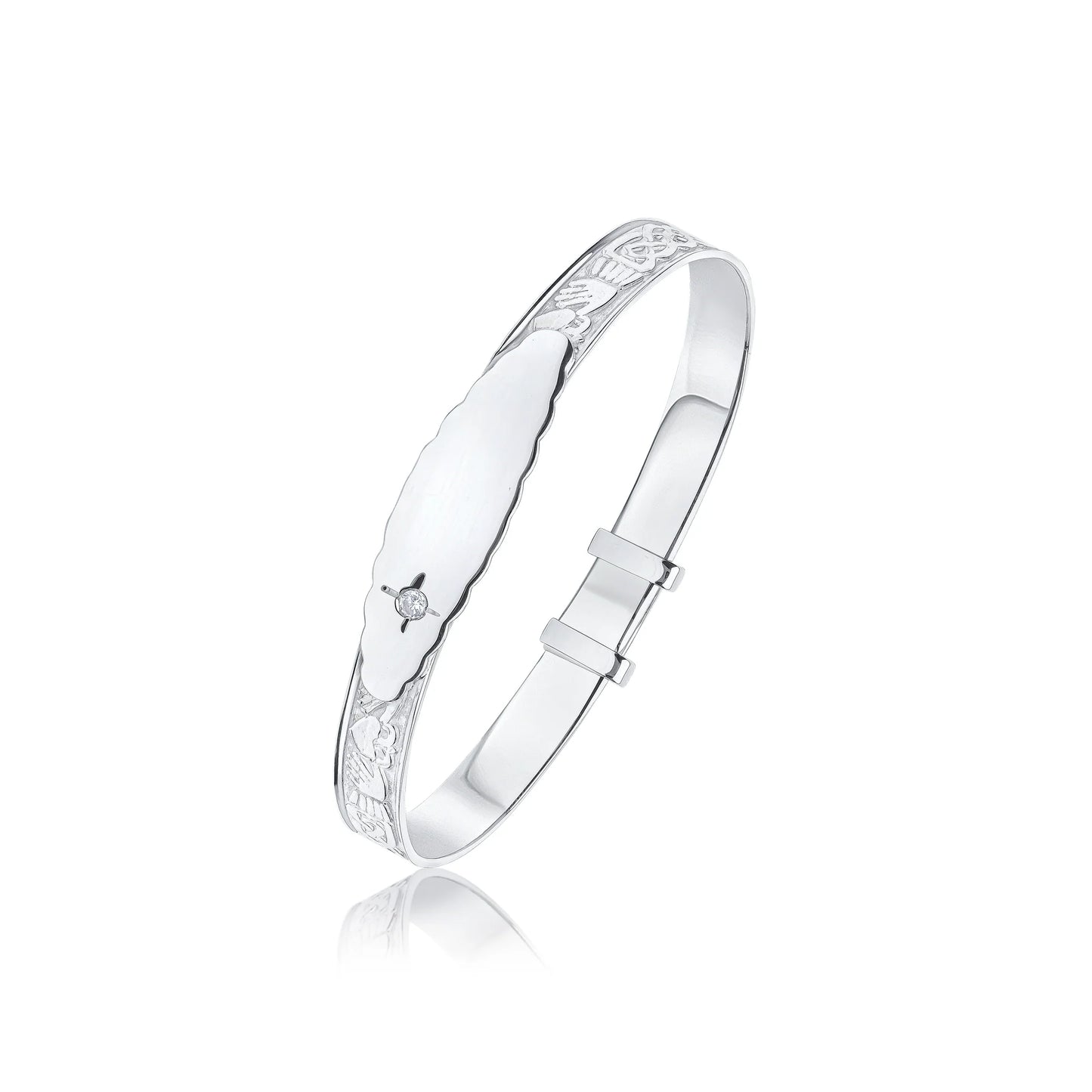 Sterling Silver Claddagh 5mm Beaded Edge ID Plate & CZ Baby Bangle