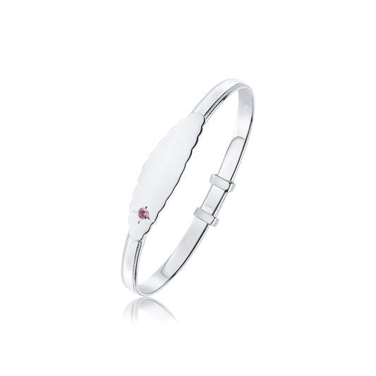 Sterling Silver 4mm Beaded Edge ID Plate & Pink CZ Baby Bangle