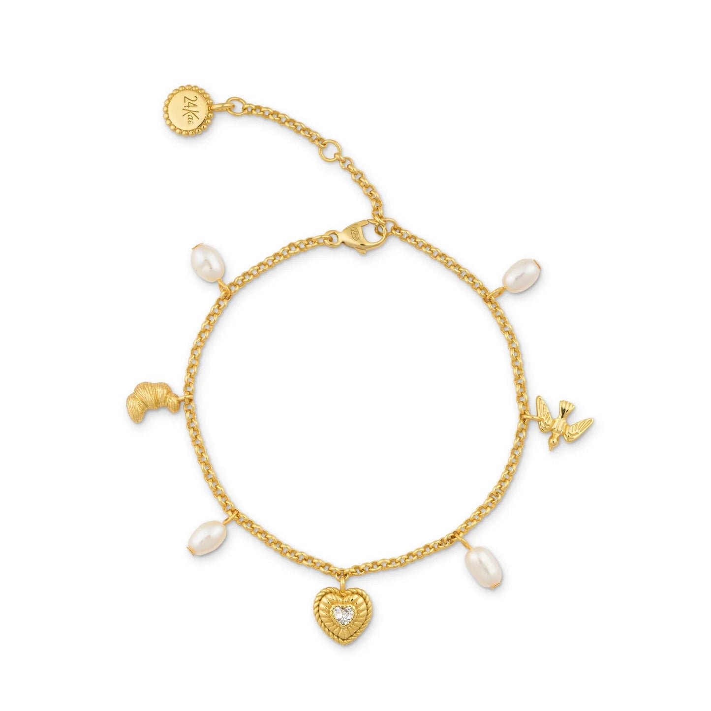 Sterling Silver Yellow Gold Plated CZ Pearl Croissant Charm Bracelet