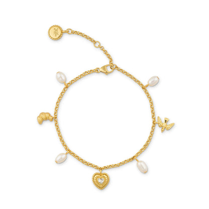 Sterling Silver Yellow Gold Plated CZ Pearl Croissant Charm Bracelet
