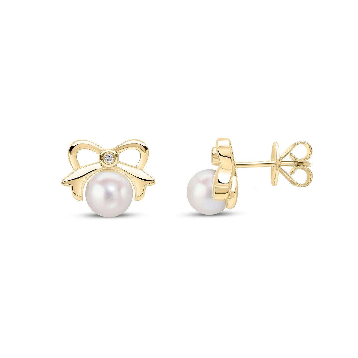 9ct Yellow Gold Pearl & Diamond Bow Stud Earrings, 0.02ct