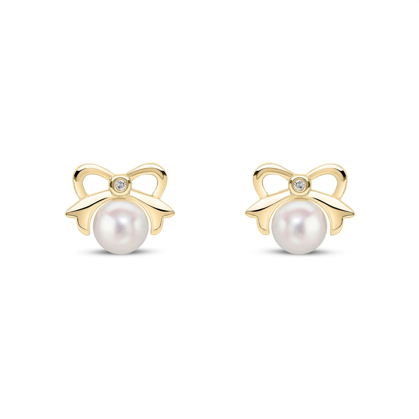 9ct Yellow Gold Pearl & Diamond Bow Stud Earrings, 0.02ct
