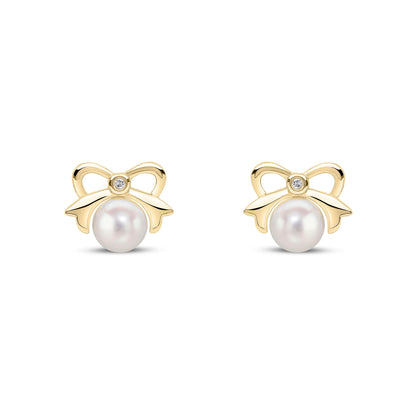 9ct Yellow Gold Pearl & Diamond Bow Stud Earrings, 0.02ct