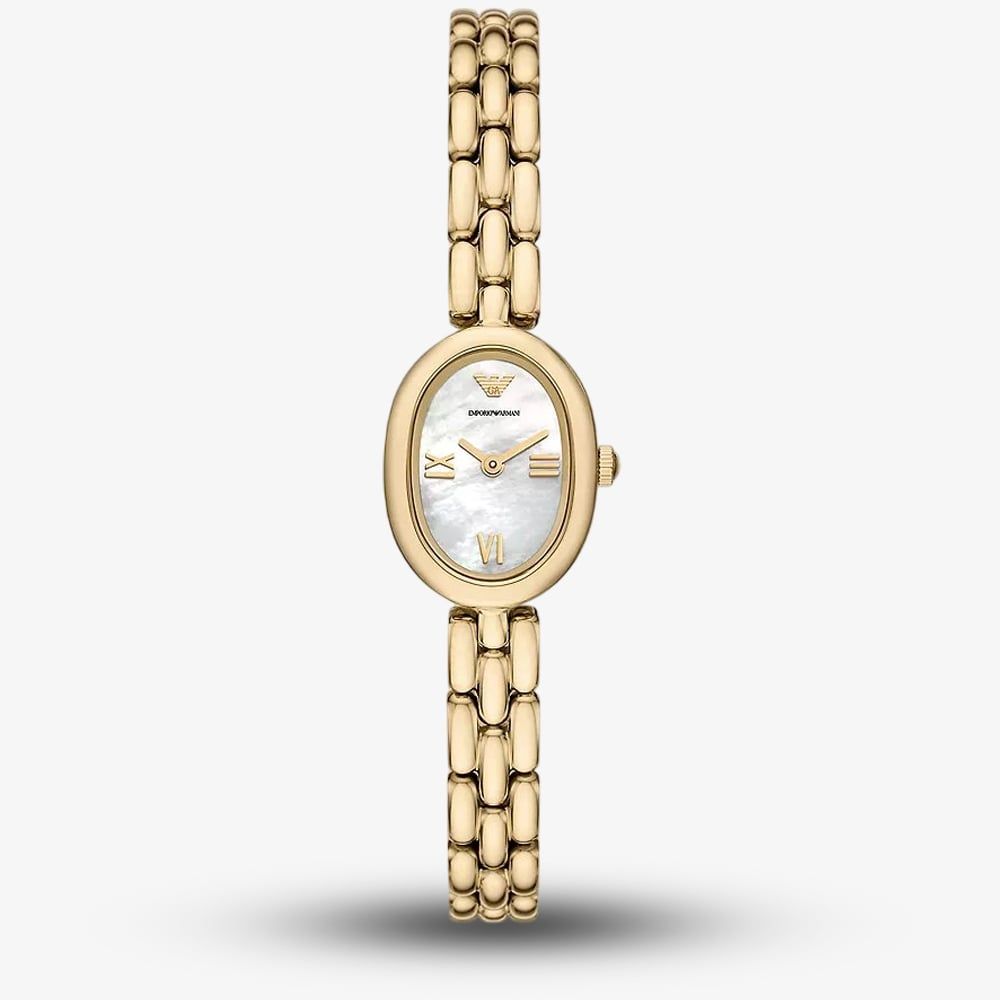 Emporio Armani 24mm Ladies Sinfonia Yellow Gold Tone Mother of Pearl Dial Link Watch