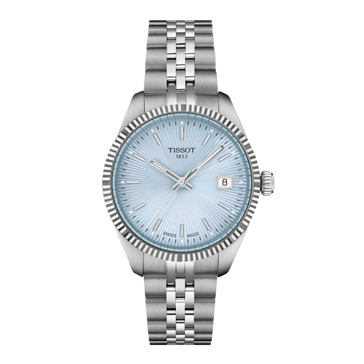 Tissot 34mm Silver Ballade, Ice Blue Fluted Dial & Bezel, Ladies Bracelet Watch