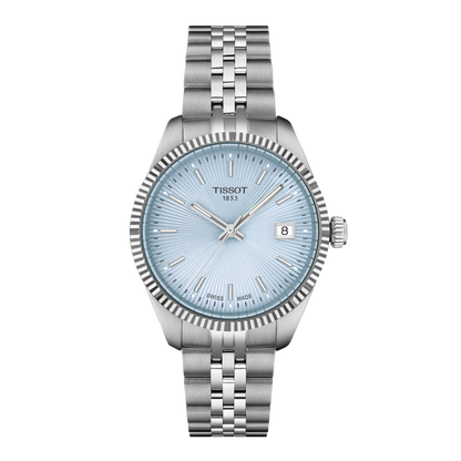 Tissot 34mm Silver Ballade, Ice Blue Fluted Dial & Bezel, Ladies Bracelet Watch