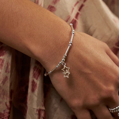ChloBo Sterling Silver Dainty Moon Cut Sparkle Interlocking Star Bracelet