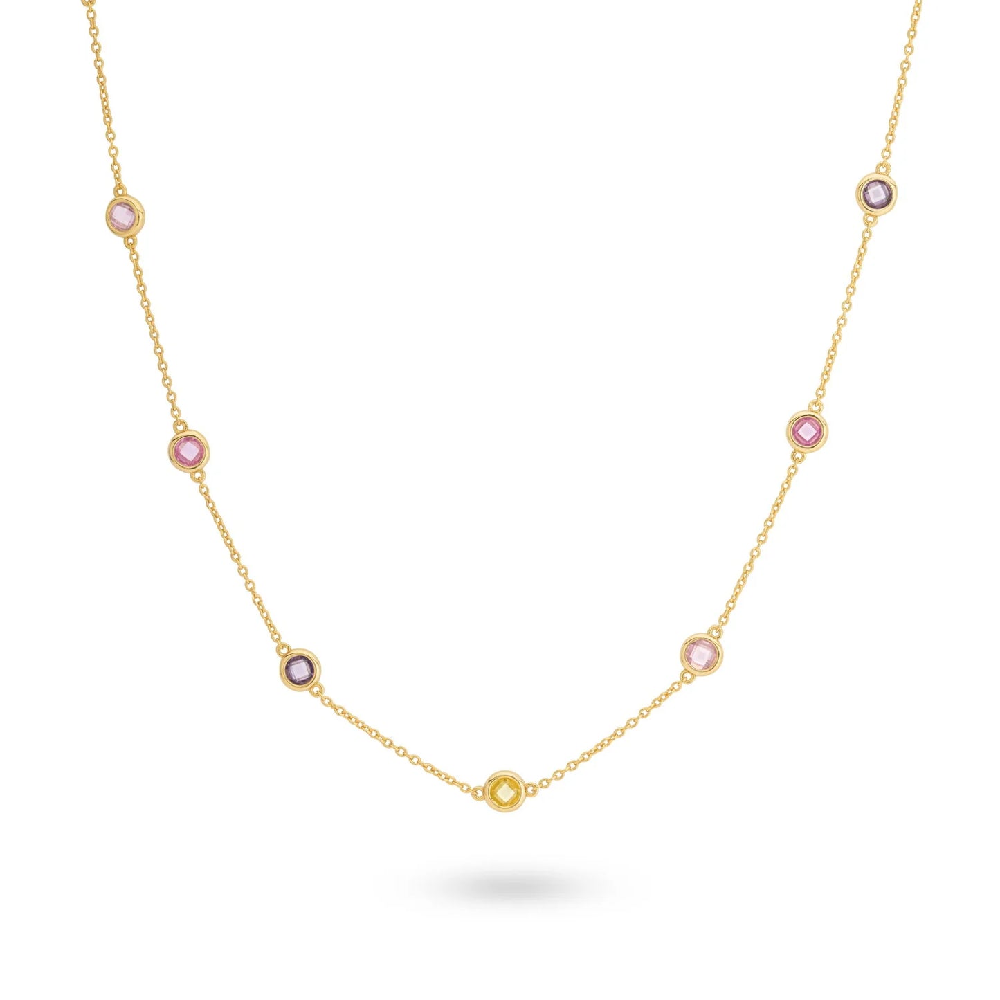 Sterling Silver Yellow Gold Plated CZ Round Pastel Stones Necklace