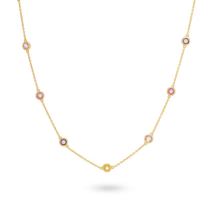 Sterling Silver Yellow Gold Plated CZ Round Pastel Stones Necklace