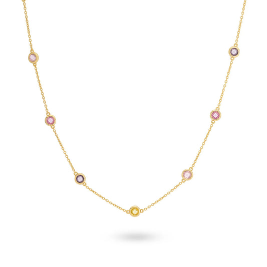 Sterling Silver Yellow Gold Plated CZ Round Pastel Stones Necklace