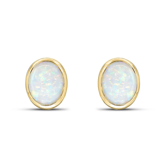 9ct Yellow Gold Oval Opal Rubover Stud Earrings