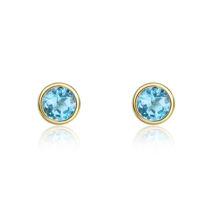 9ct Yellow Gold Round Blue Topaz Rubover Stud Earrings