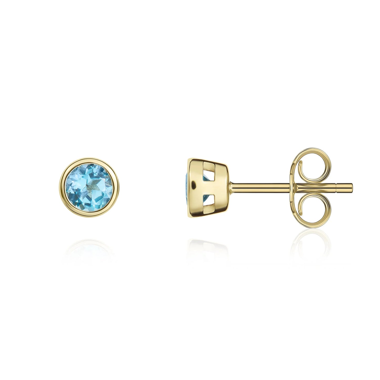9ct Yellow Gold Round Blue Topaz Rubover Stud Earrings