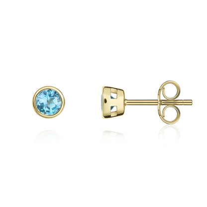 9ct Yellow Gold Round Blue Topaz Rubover Stud Earrings