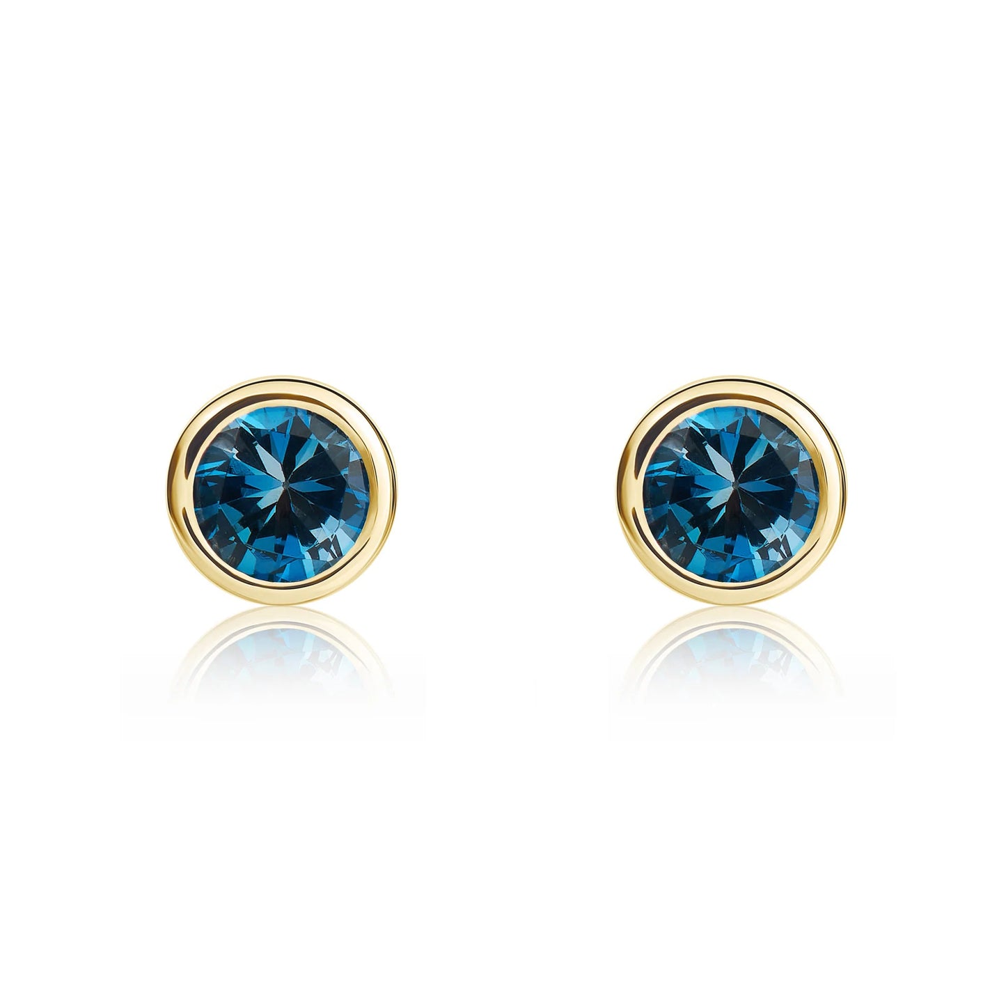 9ct Yellow Gold Round London Blue Topaz Rubover Stud Earrings