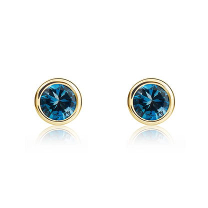 9ct Yellow Gold Round London Blue Topaz Rubover Stud Earrings