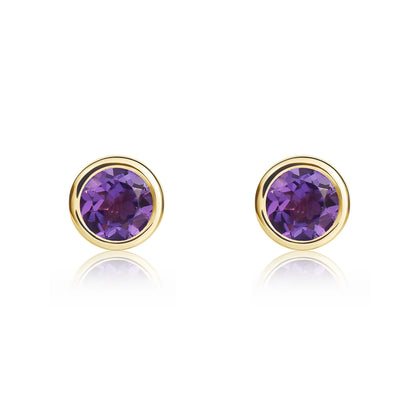 9ct Yellow Gold Round Amethyst Rubover Stud Earrings