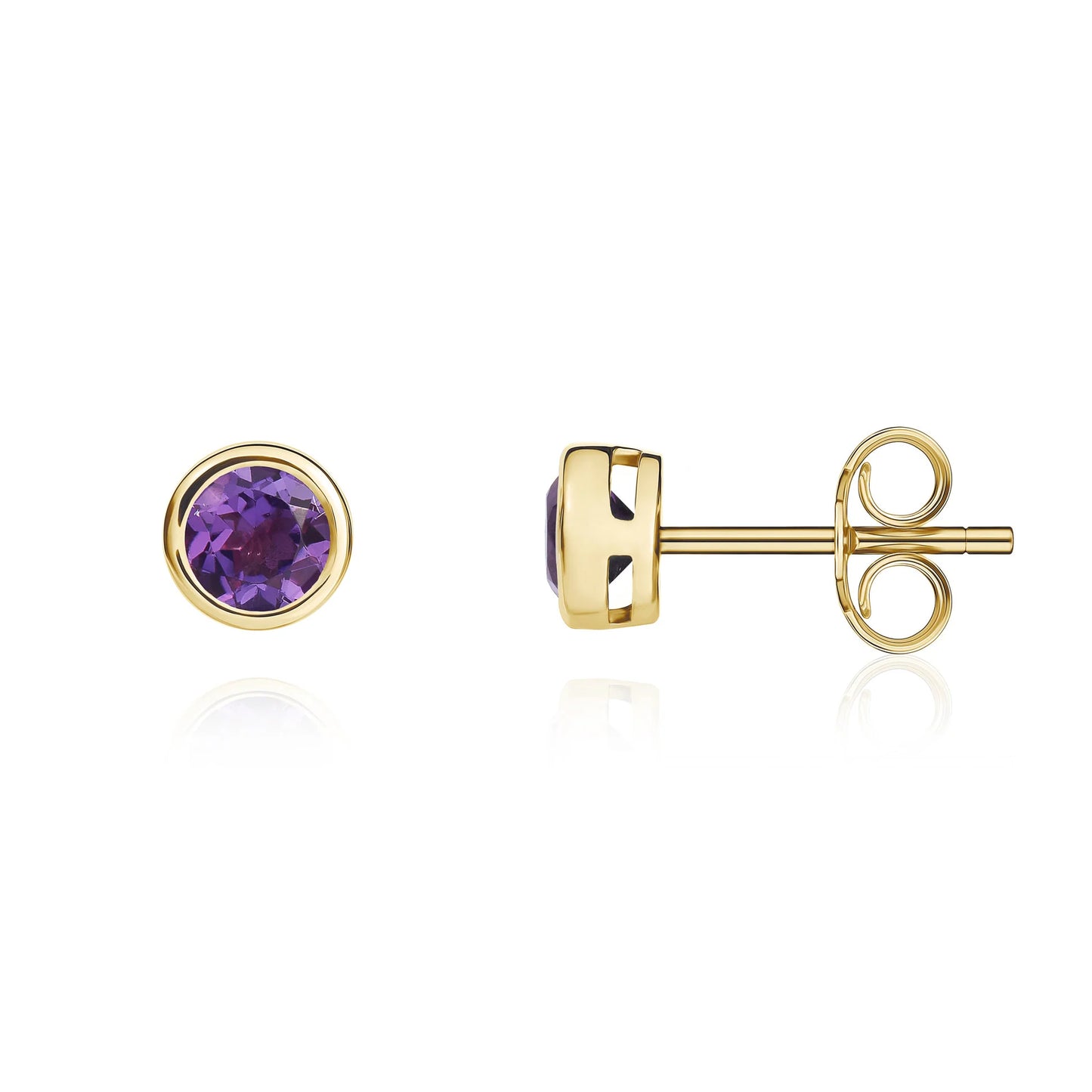 9ct Yellow Gold Round Amethyst Rubover Stud Earrings