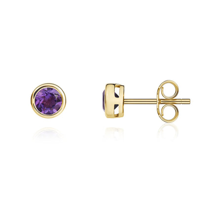 9ct Yellow Gold Round Amethyst Rubover Stud Earrings