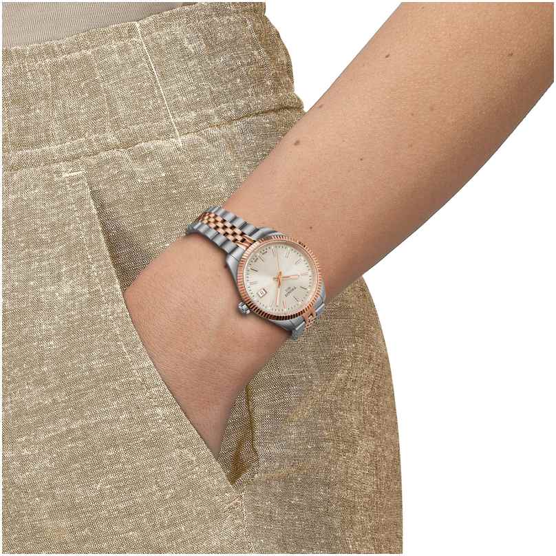 Tissot 30mm Ballade Rose Gold & Silver Tone Fluted Dial & Bezel, Ladies Watch