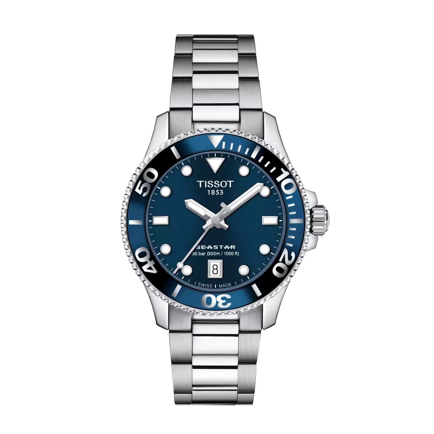 Tissot 36mm Silver Seastar 1000, Blue Diver Style, Bracelet Watch