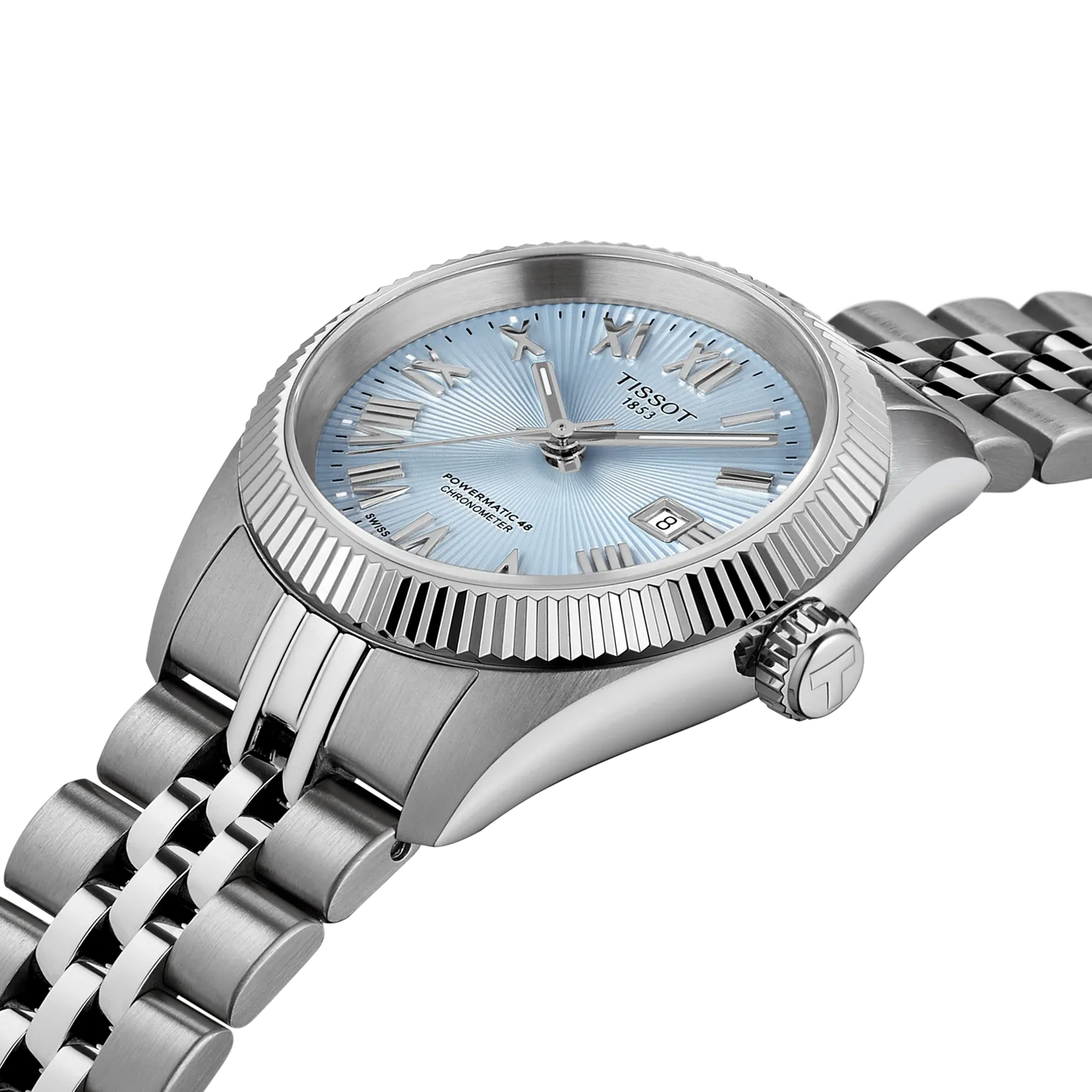 Tissot 30mm Silver Automatic Ballade, Ice Blue Fluted Dial & Bezel, Ladies Bracelet Watch