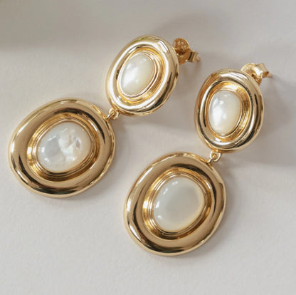 Sterling Silver Yellow Gold Plated Mother of Pearl Oval Drop Earrings