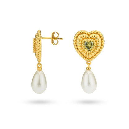 Sterling Silver Yellow Gold Plated Heart & Pearl Drop CZ Stud Earrings