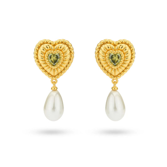 Sterling Silver Yellow Gold Plated Heart & Pearl Drop CZ Stud Earrings
