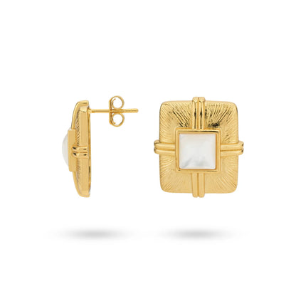 Sterling Silver Yellow Gold Plated Square Mother of Pearl Stone Stud Earrings