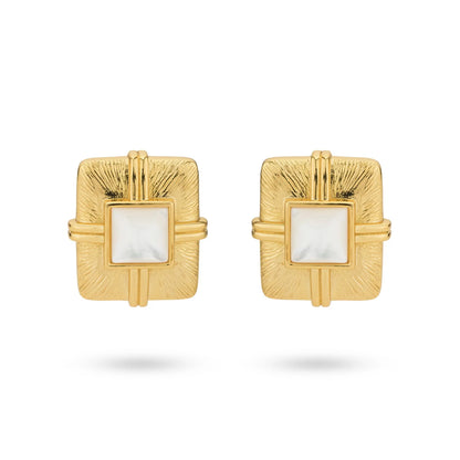 Sterling Silver Yellow Gold Plated Square Mother of Pearl Stone Stud Earrings