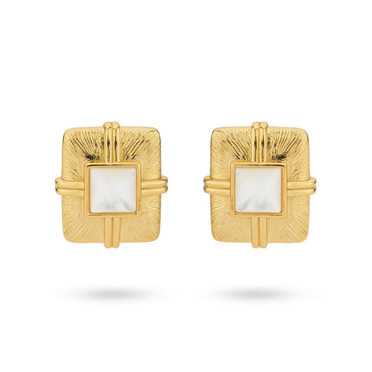 Sterling Silver Yellow Gold Plated Square Mother of Pearl Stone Stud Earrings
